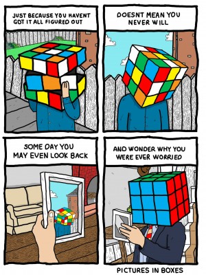 Strip de 4 cases avec un personne ayant un Rubik's cube à la place de la tête. Texte ci-après.